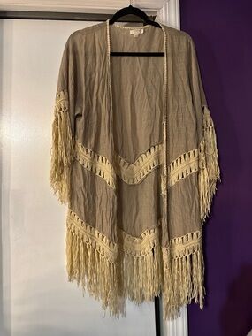 Umgee Dreamer Beige Fringe-Trim Crochet Open Front Duster Cover Up